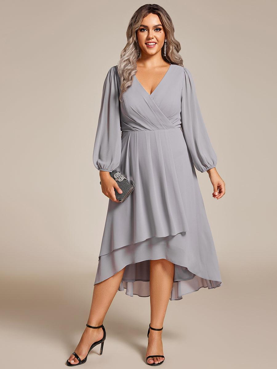 Grande Taille Robe invité de mariage mi-longue manches longues ourlet asymétrique #Couleur_Gris