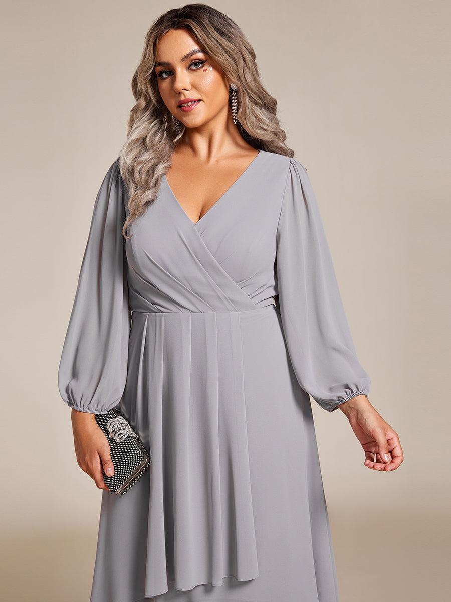 Grande Taille Robe invité de mariage mi-longue manches longues ourlet asymétrique #Couleur_Gris