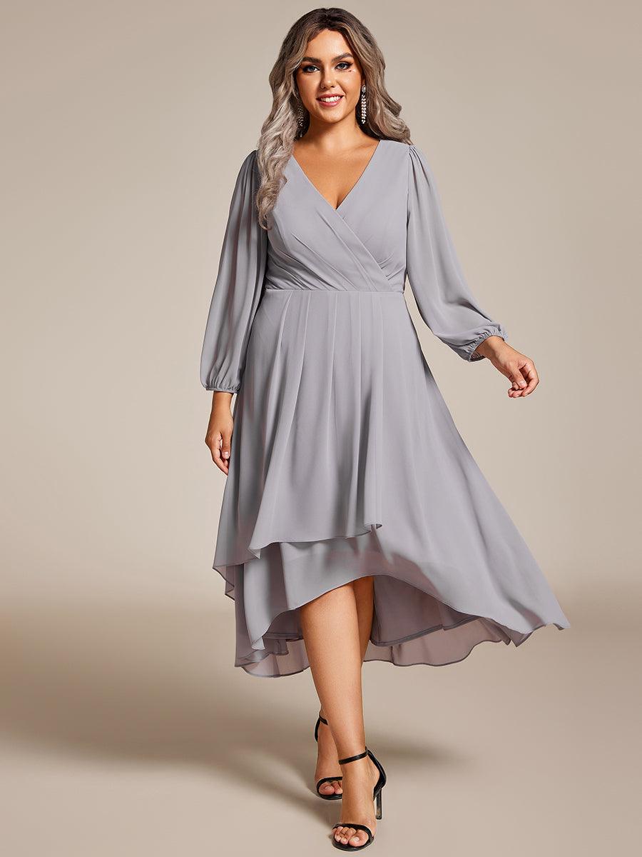 Grande Taille Robe invité de mariage mi-longue manches longues ourlet asymétrique #Couleur_Gris