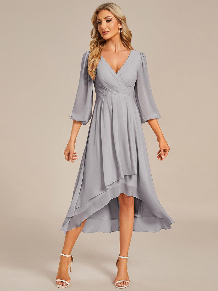 Robe invité de mariage mi-longue manches longues ourlet asymétrique #Couleur_Gris