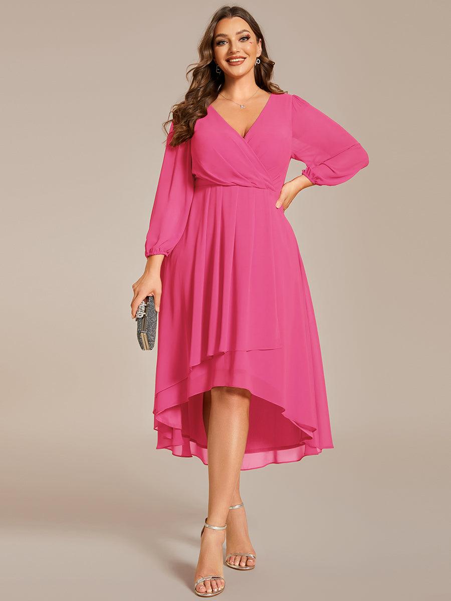 Grande Taille Robe invité de mariage mi-longue manches longues ourlet asymétrique #Couleur_Rose Vif