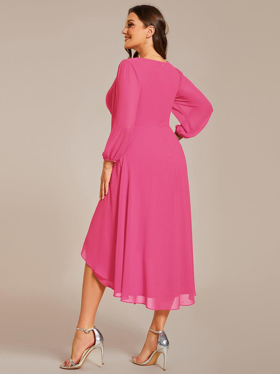 Grande Taille Robe invité de mariage mi-longue manches longues ourlet asymétrique #Couleur_Rose Vif
