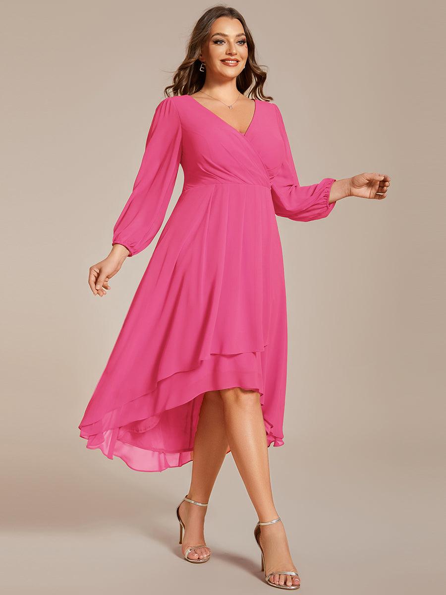 Grande Taille Robe invité de mariage mi-longue manches longues ourlet asymétrique #Couleur_Rose Vif