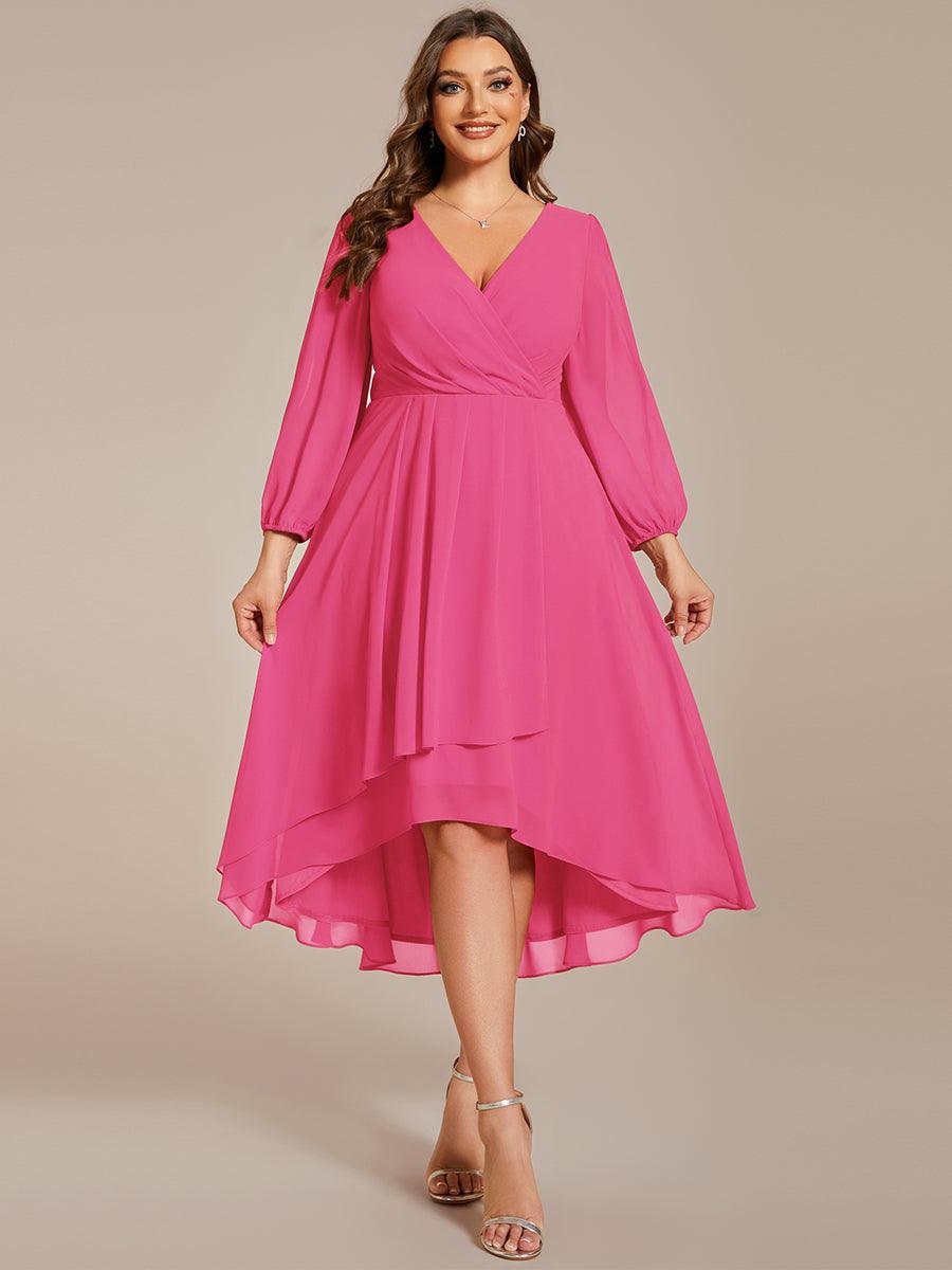 Grande Taille Robe invité de mariage mi-longue manches longues ourlet asymétrique #Couleur_Rose Vif