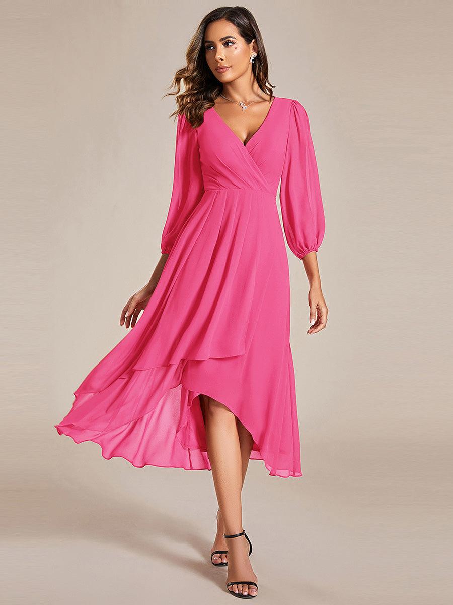 Robe invité de mariage mi-longue manches longues ourlet asymétrique #Couleur_Rose Vif