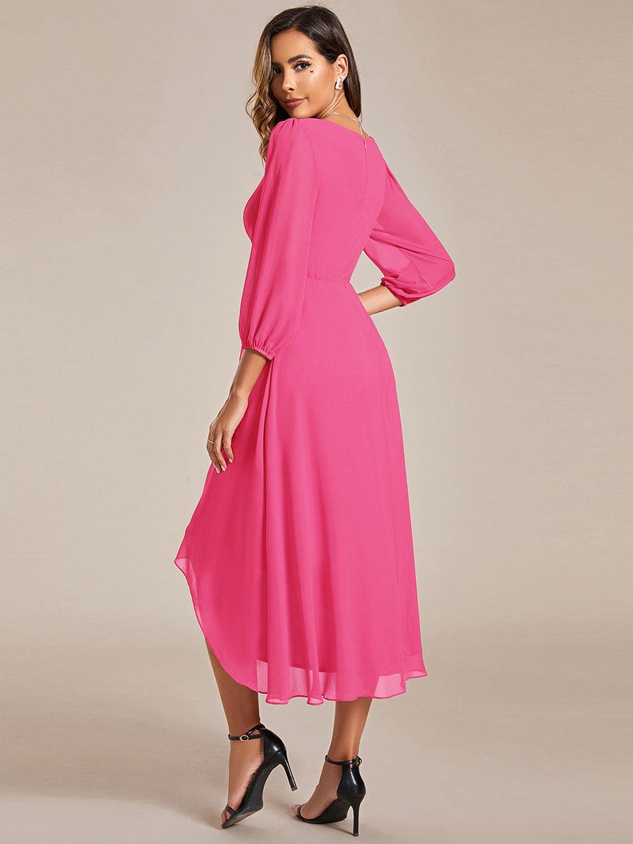 Robe invité de mariage mi-longue manches longues ourlet asymétrique #Couleur_Rose Vif