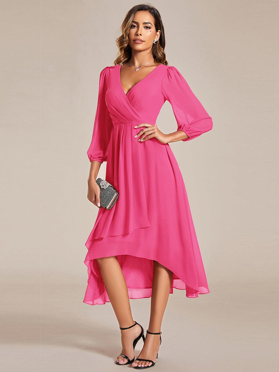 Robe invité de mariage mi-longue manches longues ourlet asymétrique #Couleur_Rose Vif
