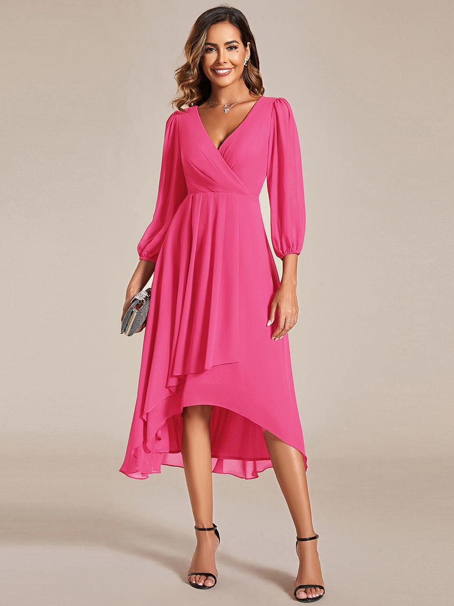 Robe invité de mariage mi-longue manches longues ourlet asymétrique #Couleur_Rose Vif