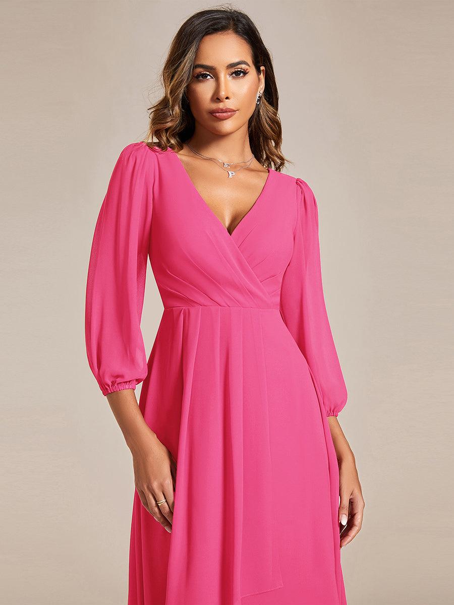 Robe invité de mariage mi-longue manches longues ourlet asymétrique #Couleur_Rose Vif