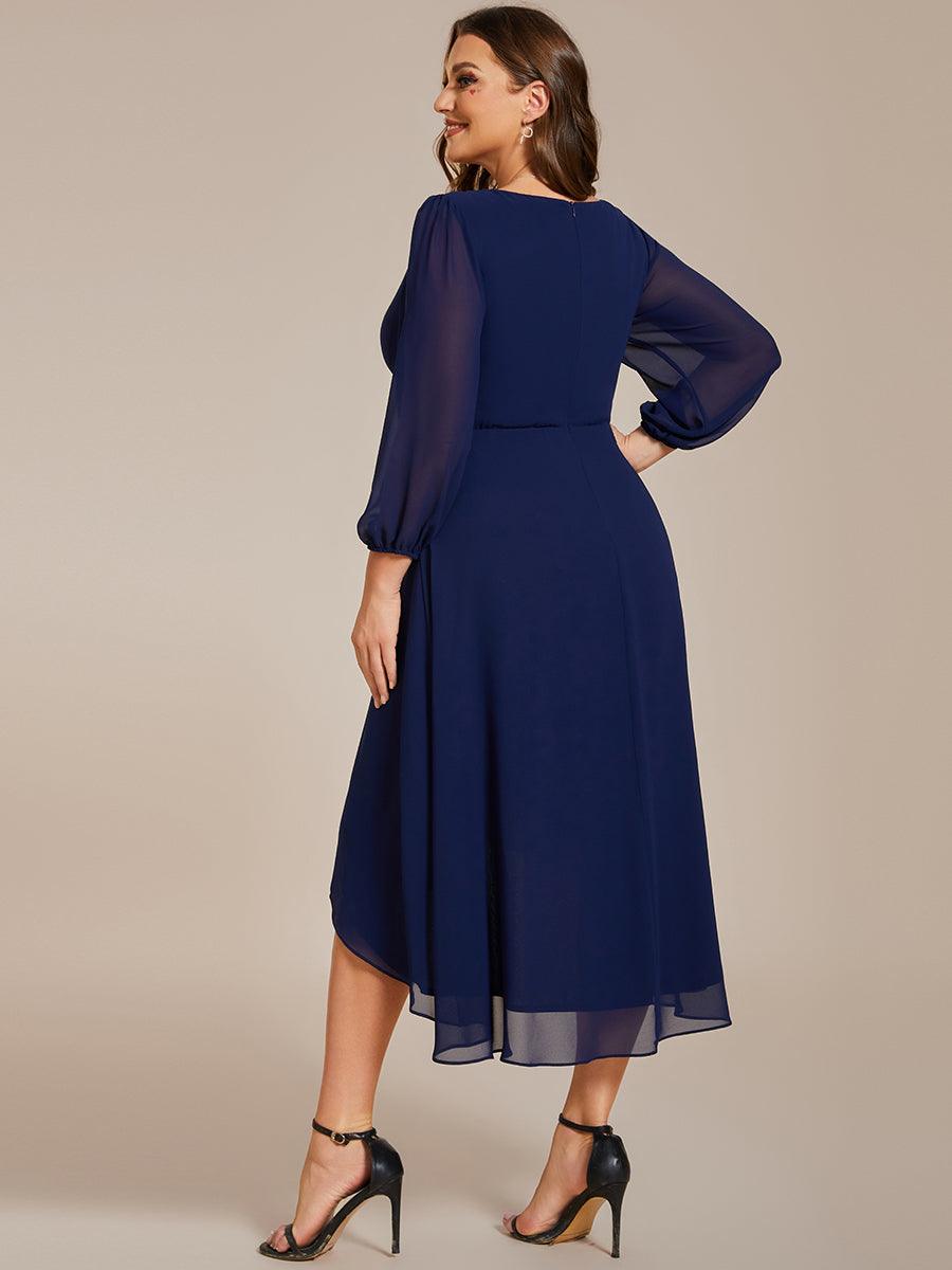 Grande Taille Robe invité de mariage mi-longue manches longues ourlet asymétrique #Couleur_Bleu Marine