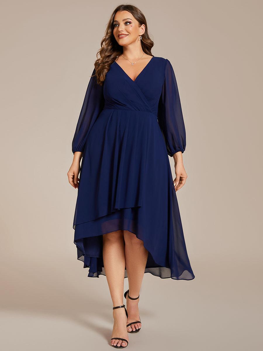 Grande Taille Robe invité de mariage mi-longue manches longues ourlet asymétrique #Couleur_Bleu Marine