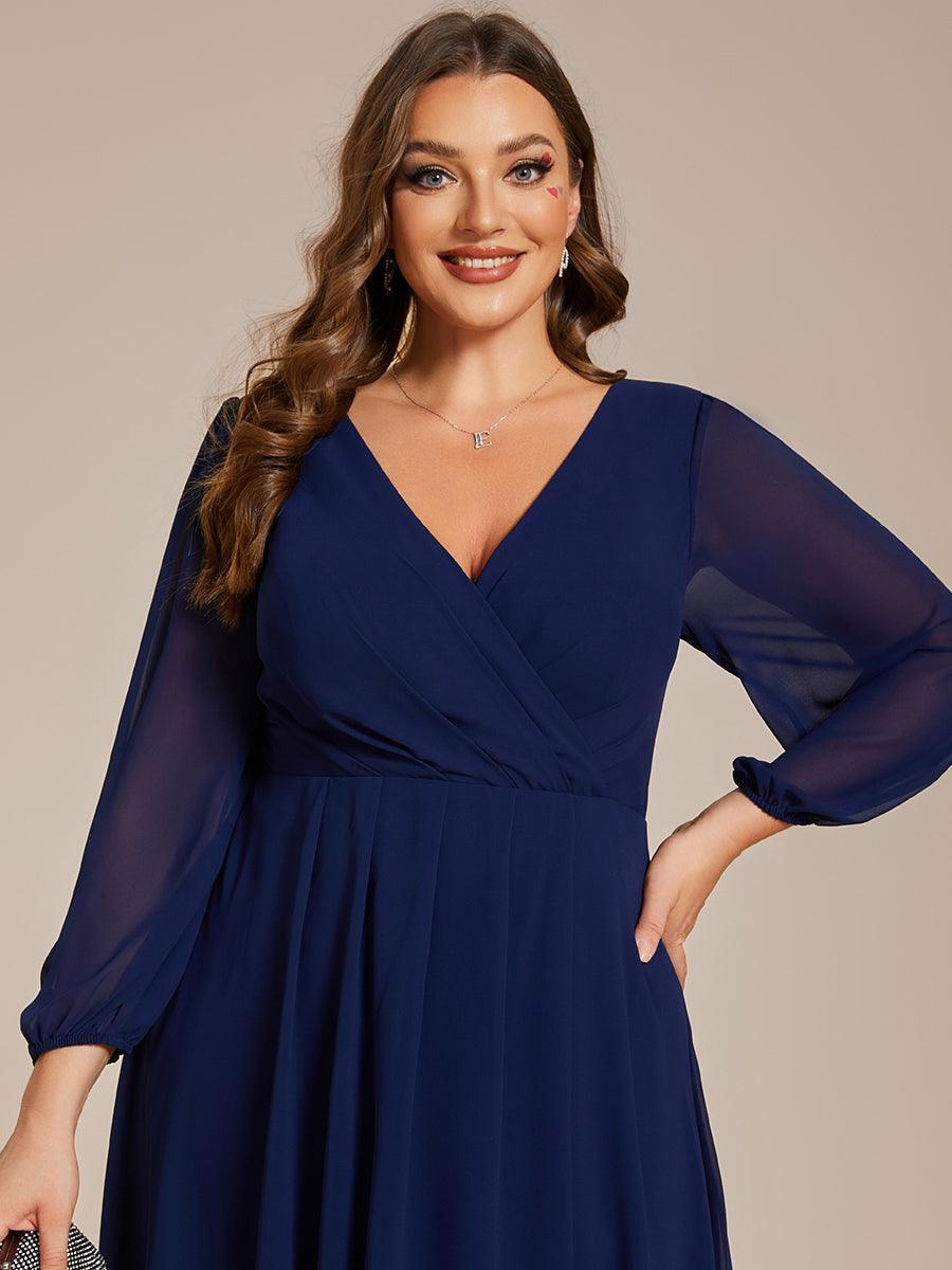 Grande Taille Robe invité de mariage mi-longue manches longues ourlet asymétrique #Couleur_Bleu Marine