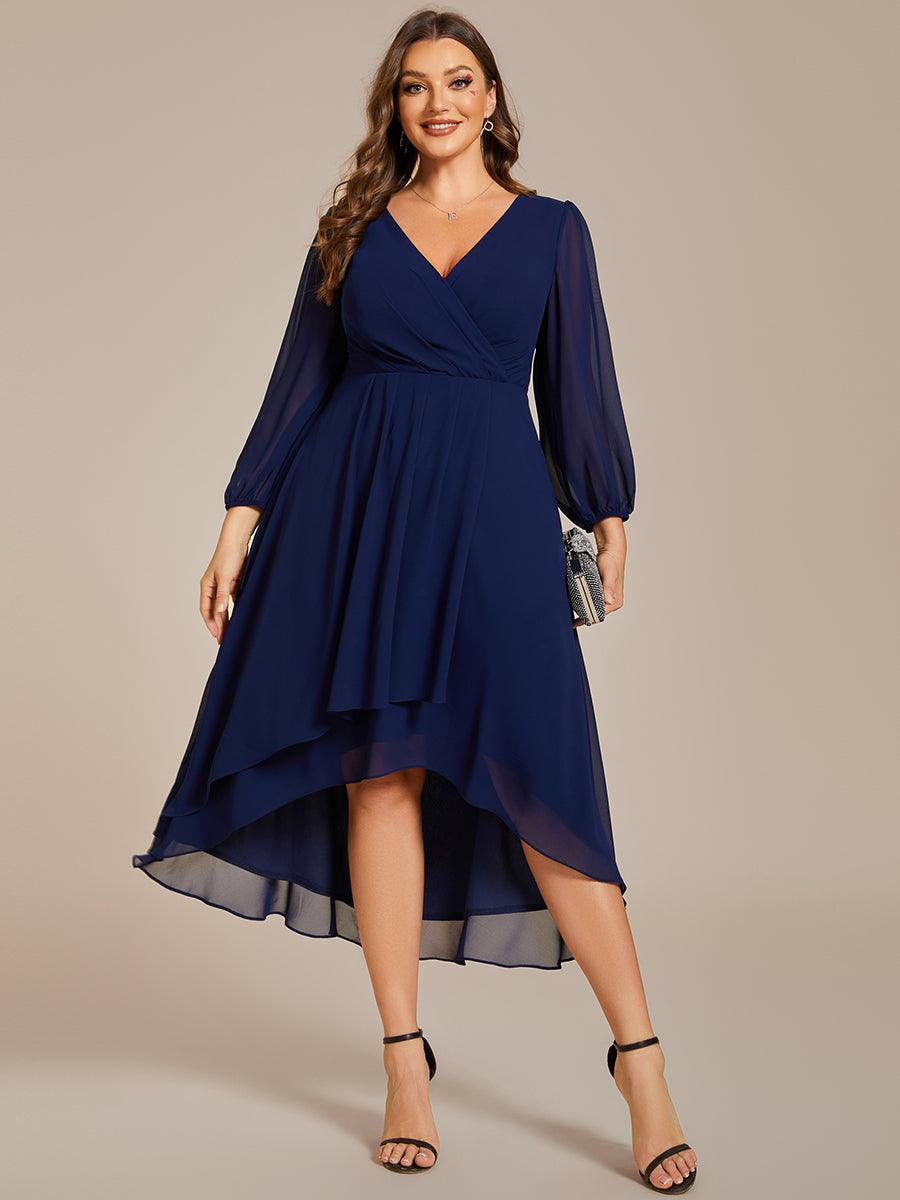 Grande Taille Robe invité de mariage mi-longue manches longues ourlet asymétrique #Couleur_Bleu Marine