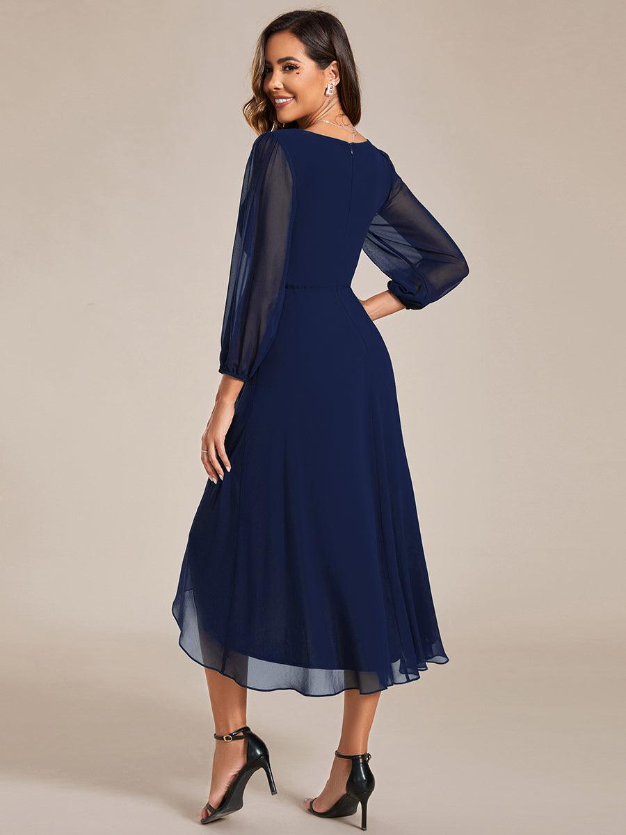 Robe invité de mariage mi-longue manches longues ourlet asymétrique #Couleur_Bleu Marine