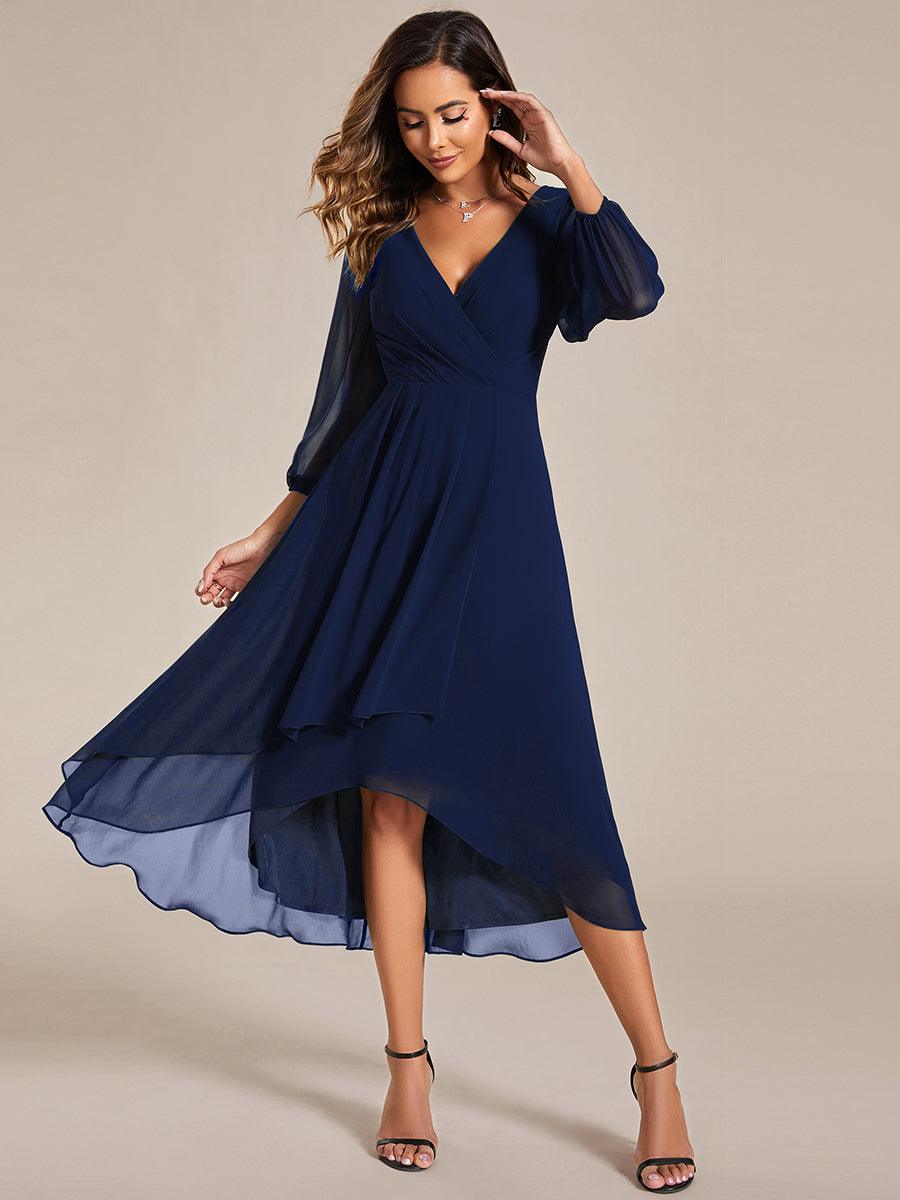 Robe invité de mariage mi-longue manches longues ourlet asymétrique #Couleur_Bleu Marine