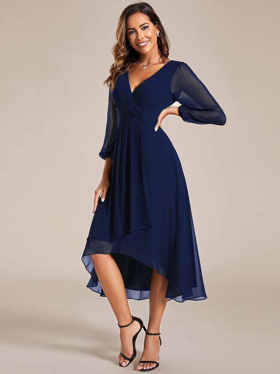 Robe invité de mariage mi-longue manches longues ourlet asymétrique #Couleur_Bleu Marine