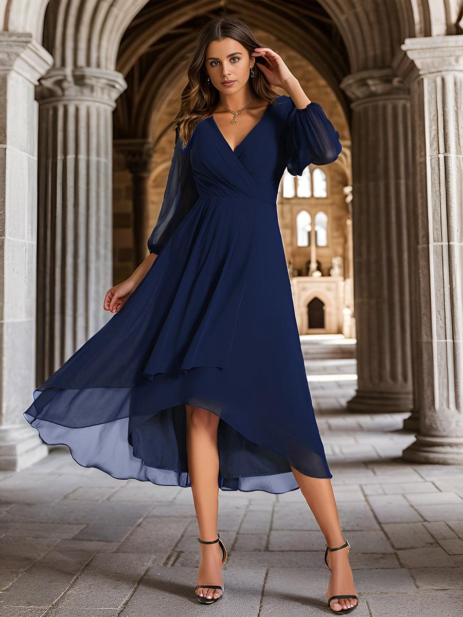 Robe invité de mariage mi-longue manches longues ourlet asymétrique #Couleur_Bleu Marine