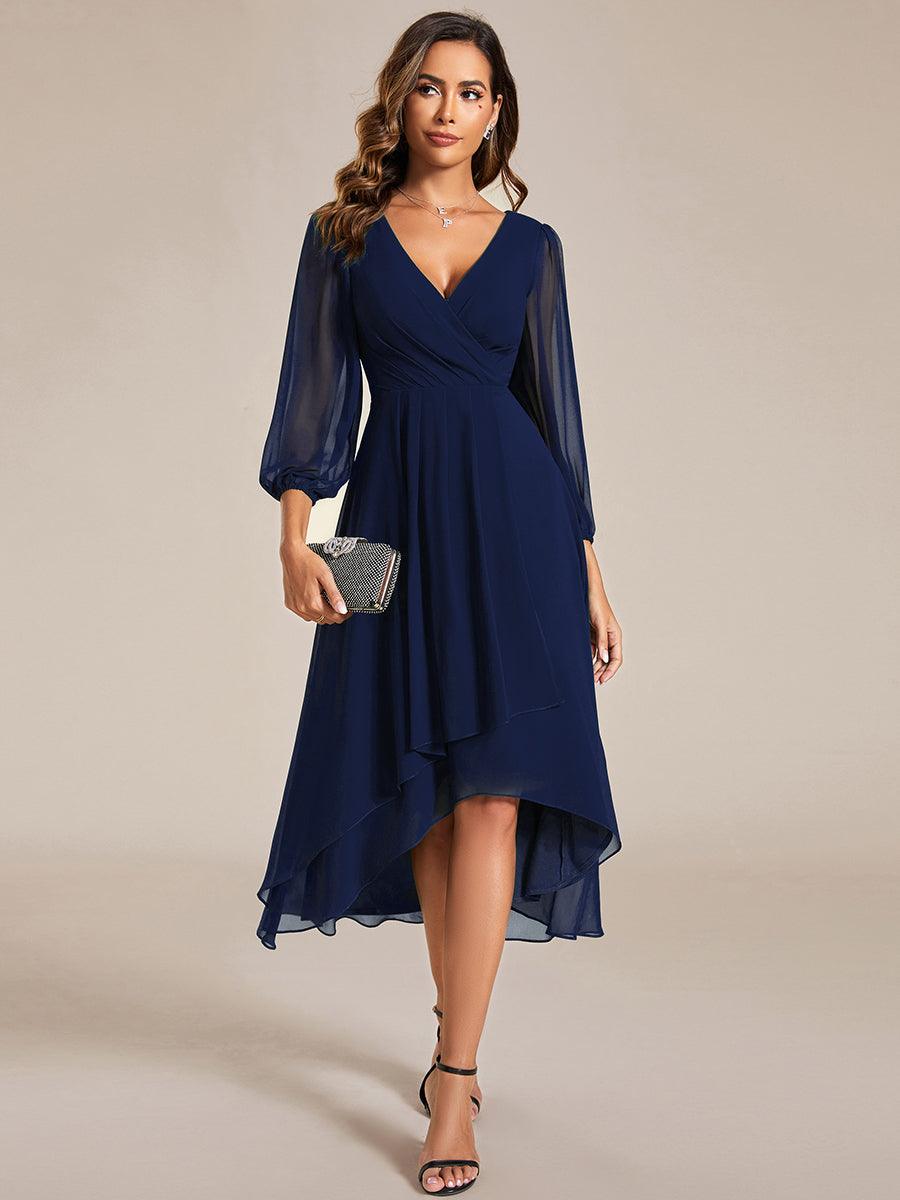 Robe invité de mariage mi-longue manches longues ourlet asymétrique #Couleur_Bleu Marine