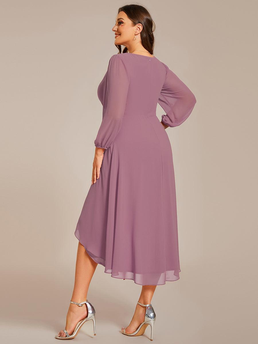 Grande Taille Robe invité de mariage mi-longue manches longues ourlet asymétrique #Couleur_Orchidee