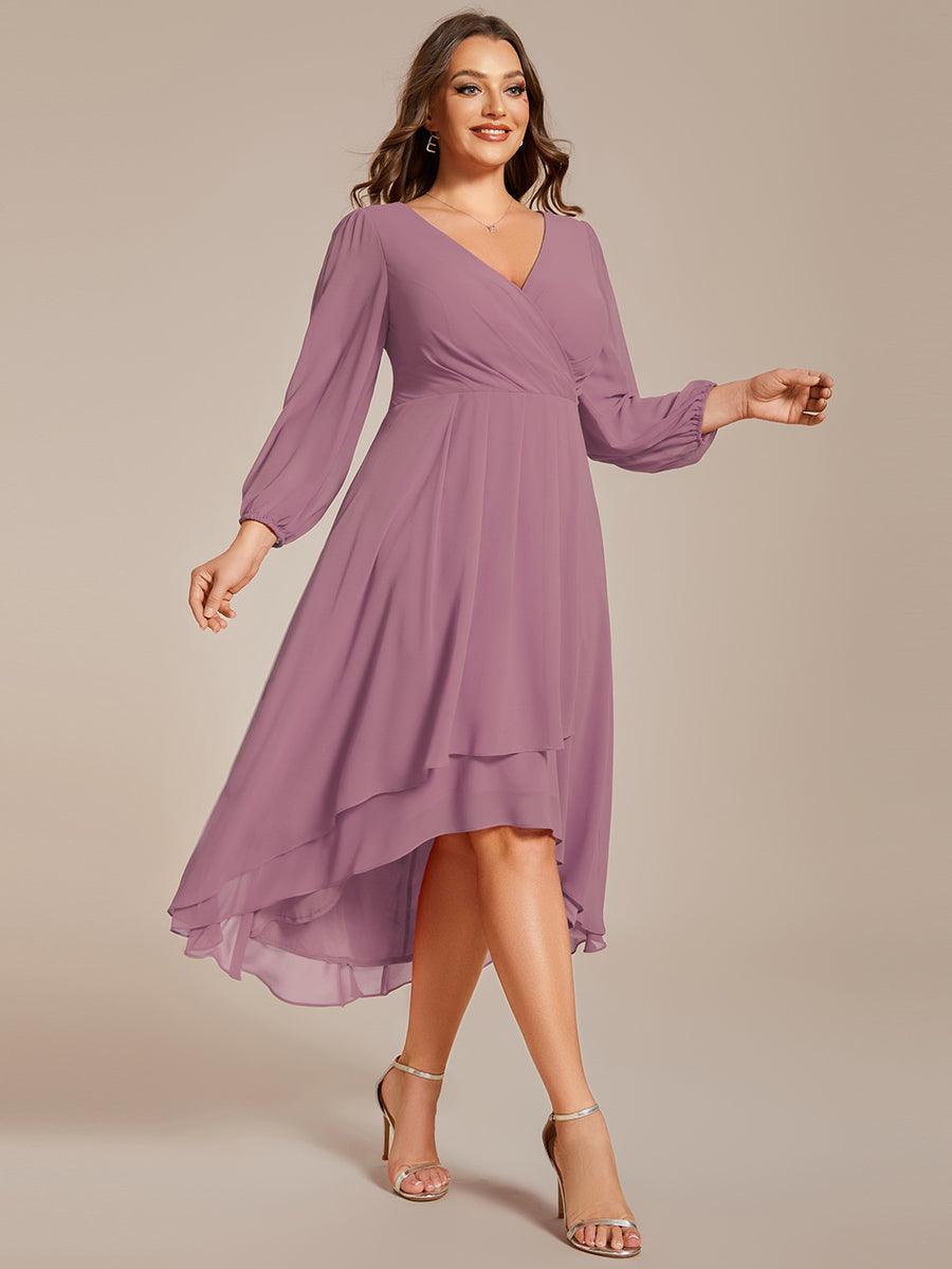 Grande Taille Robe invité de mariage mi-longue manches longues ourlet asymétrique #Couleur_Orchidee