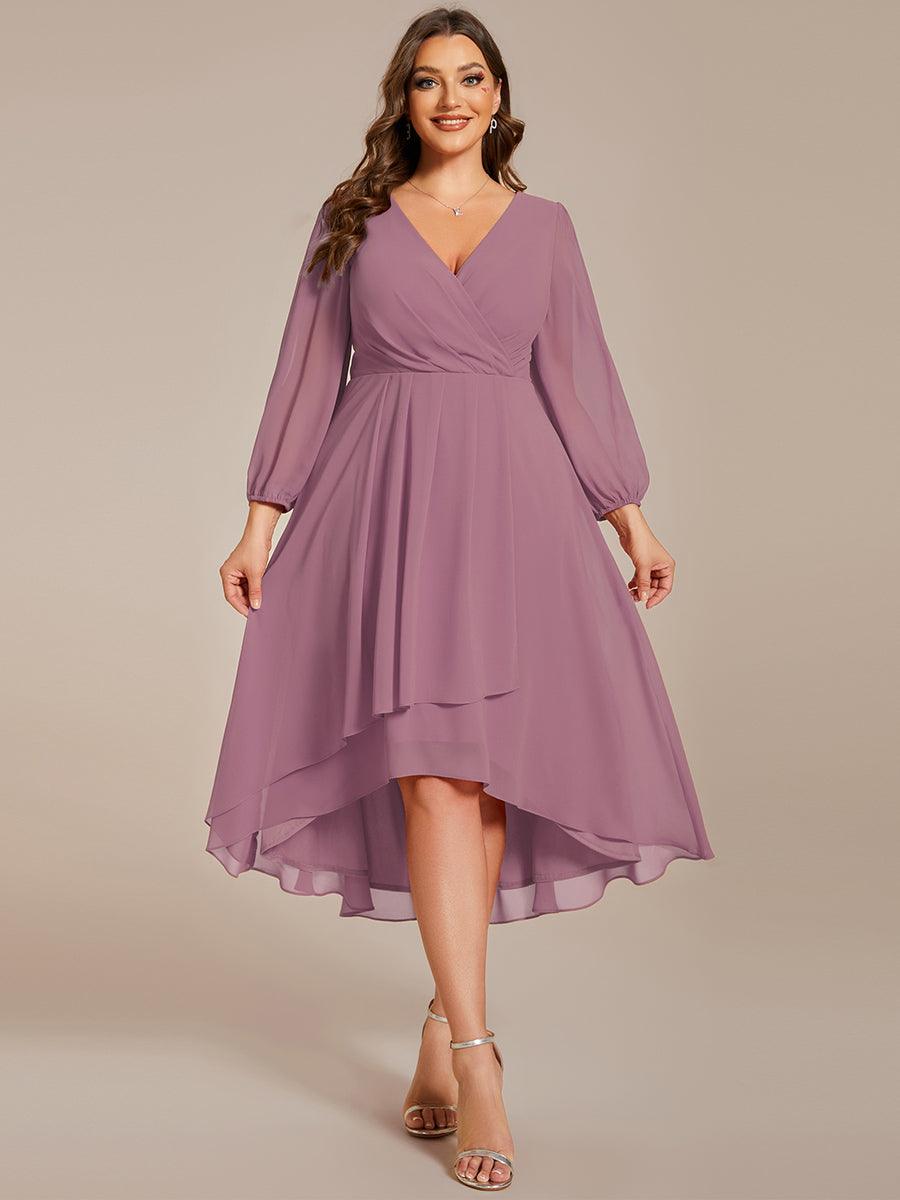 Grande Taille Robe invité de mariage mi-longue manches longues ourlet asymétrique #Couleur_Orchidee
