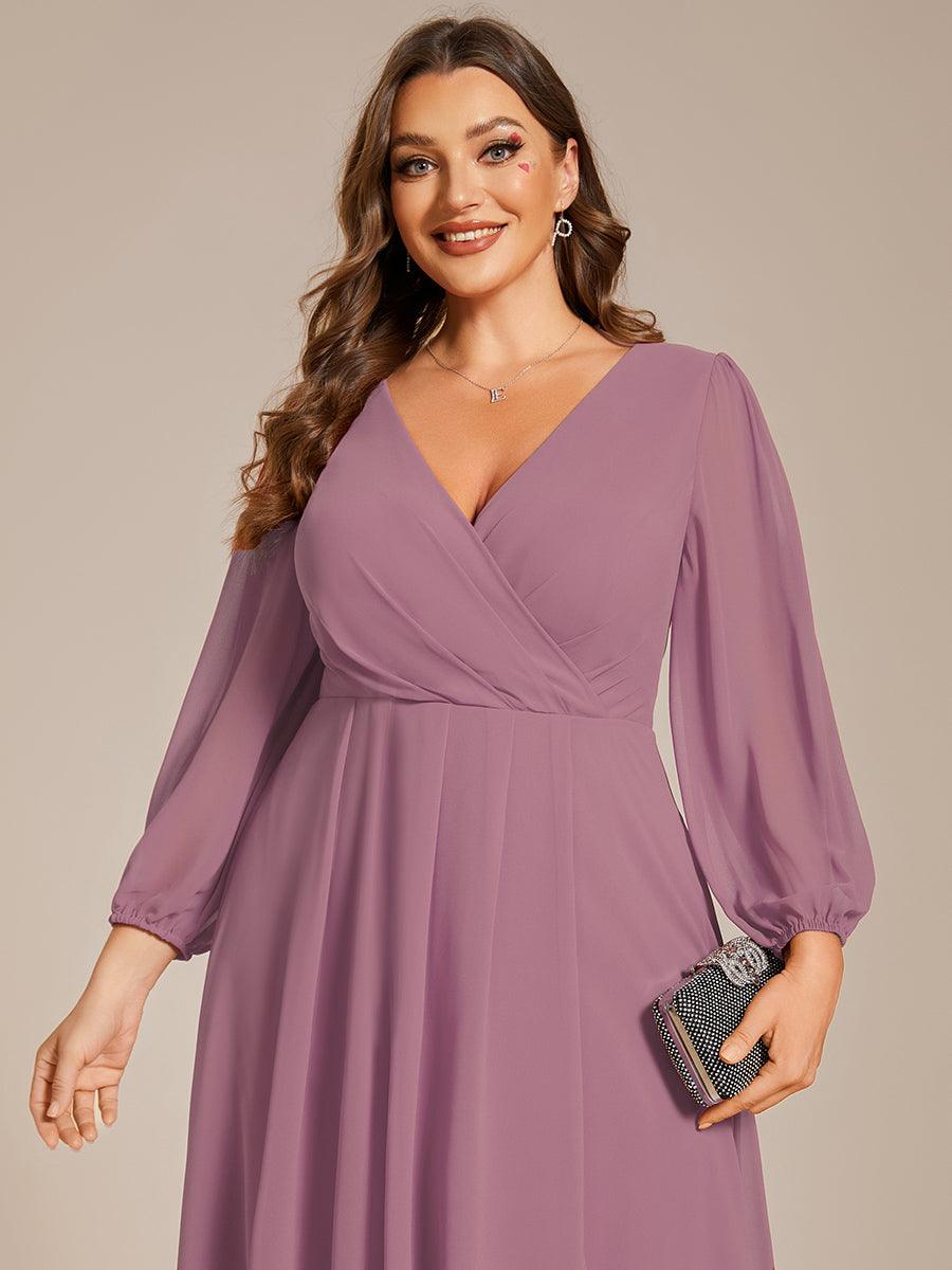 Grande Taille Robe invité de mariage mi-longue manches longues ourlet asymétrique #Couleur_Orchidee