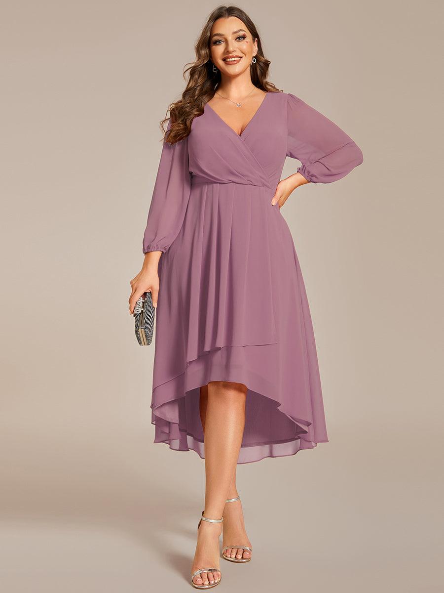 Grande Taille Robe invité de mariage mi-longue manches longues ourlet asymétrique #Couleur_Orchidee
