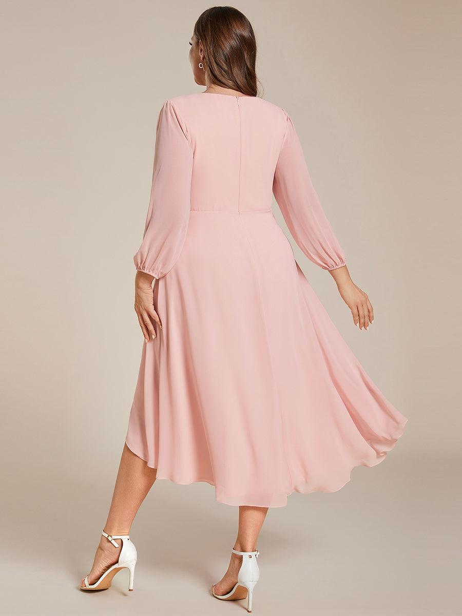 Grande Taille Robe invité de mariage mi-longue manches longues ourlet asymétrique #Couleur_Rose