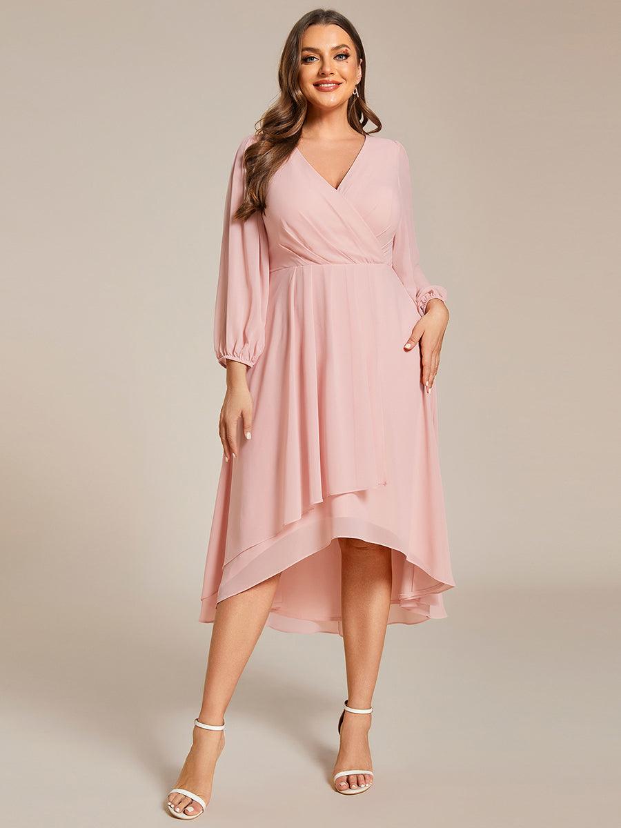 Grande Taille Robe invité de mariage mi-longue manches longues ourlet asymétrique #Couleur_Rose