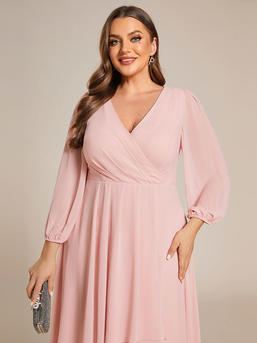 Grande Taille Robe invité de mariage mi-longue manches longues ourlet asymétrique #Couleur_Rose