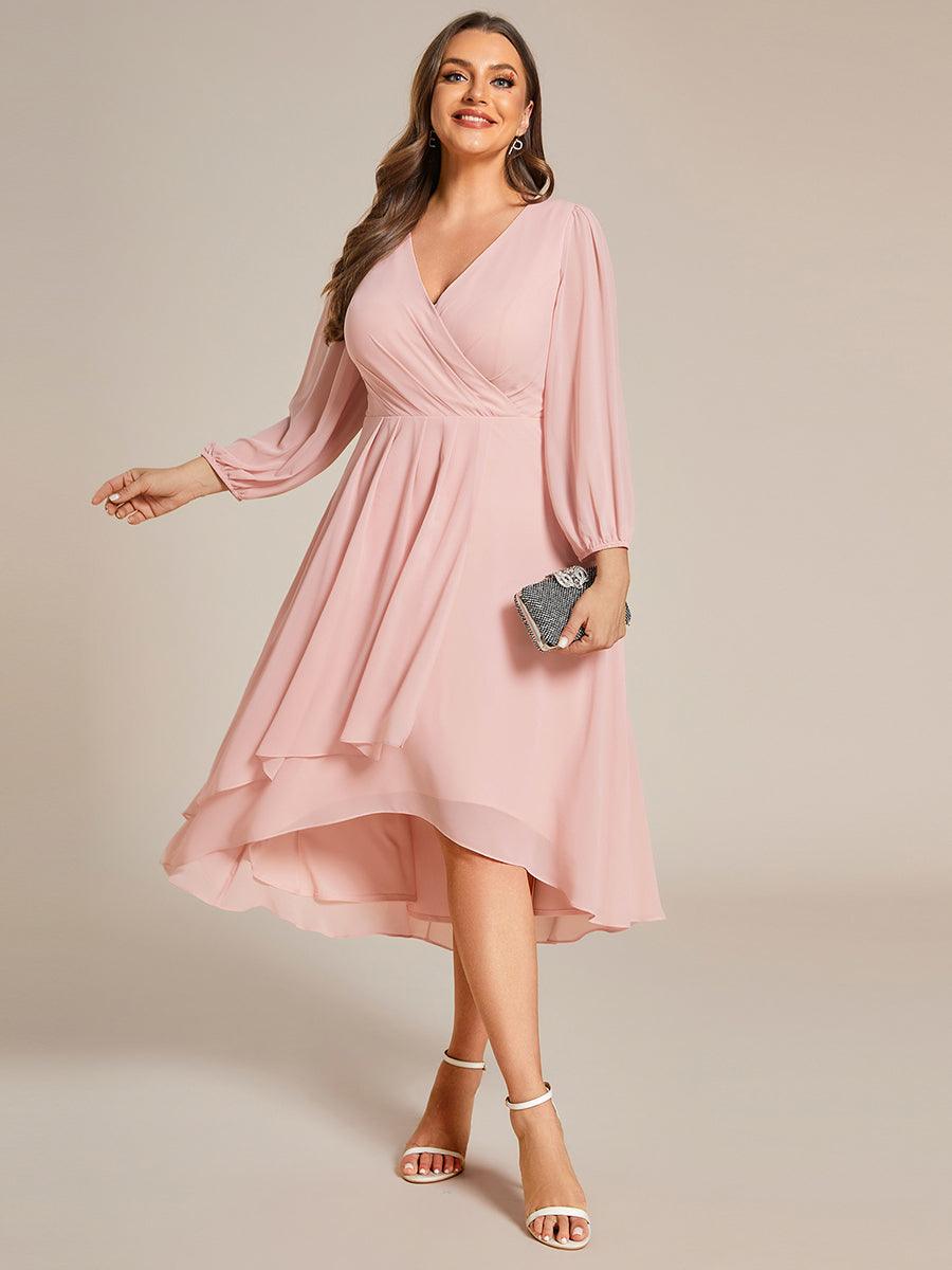 Grande Taille Robe invité de mariage mi-longue manches longues ourlet asymétrique #Couleur_Rose