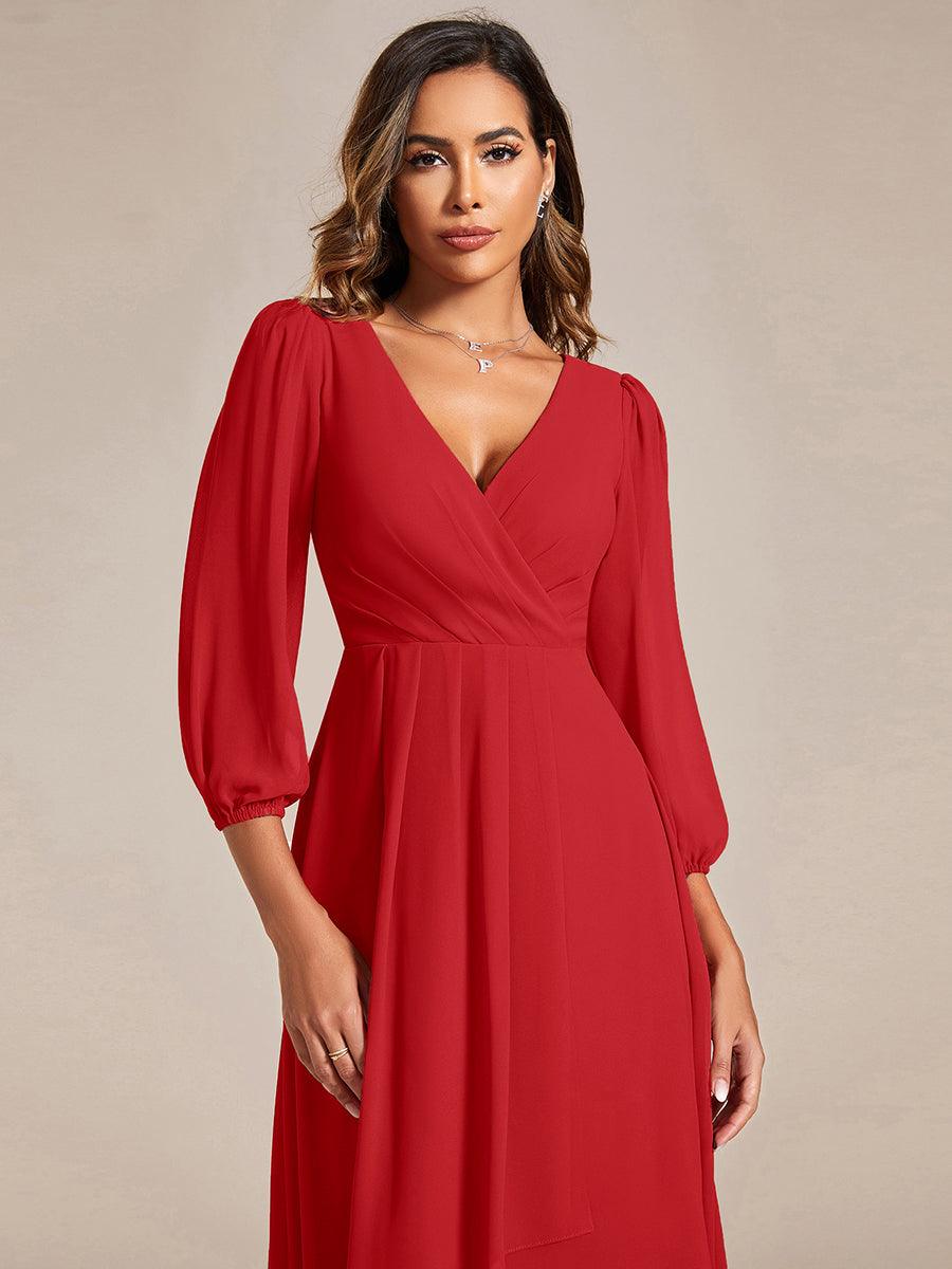 Robe d'invitée de mariage en mousseline à manches longues et col en V #Couleur_Rouge