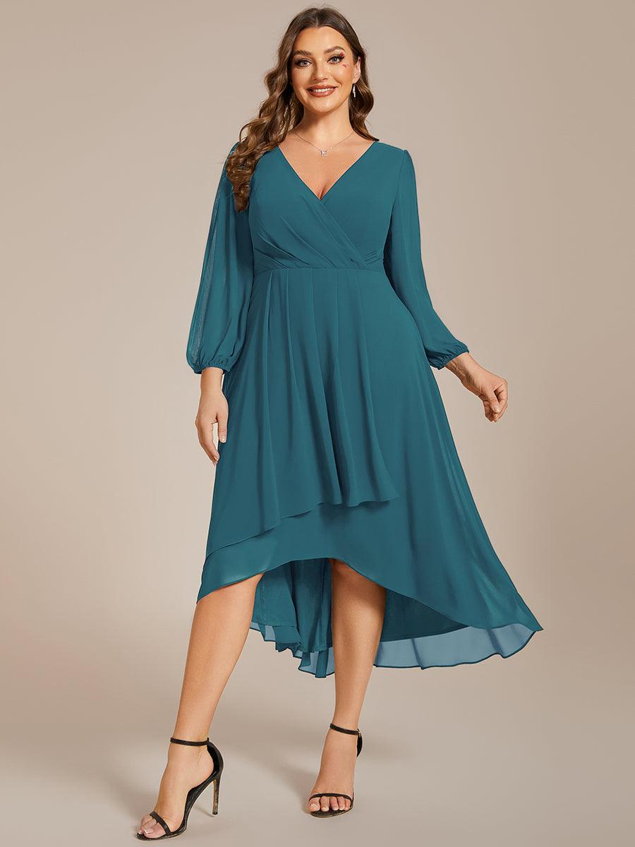 Grande Taille Robe invité de mariage mi-longue manches longues ourlet asymétrique #Couleur_Bleu Sarcelle