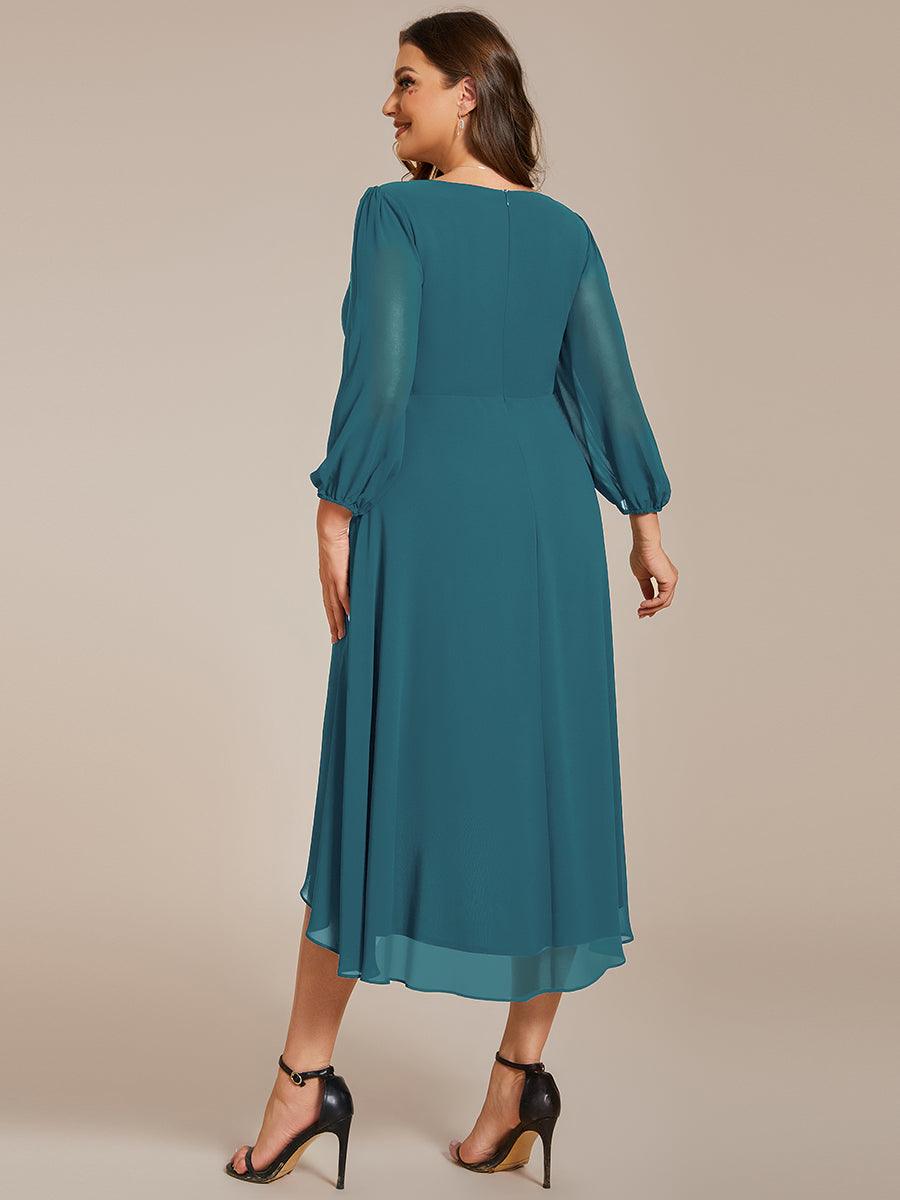Grande Taille Robe invité de mariage mi-longue manches longues ourlet asymétrique #Couleur_Bleu Sarcelle