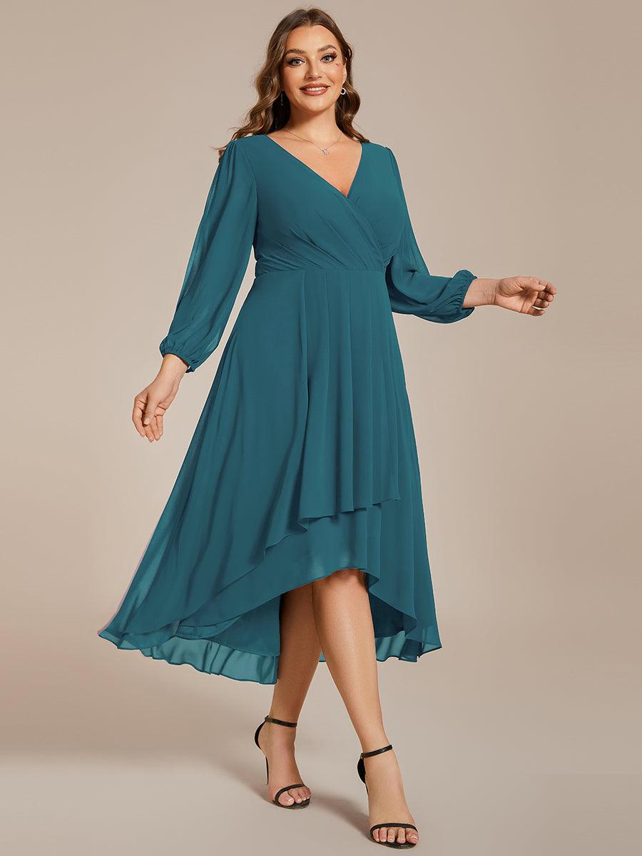 Grande Taille Robe invité de mariage mi-longue manches longues ourlet asymétrique #Couleur_Bleu Sarcelle