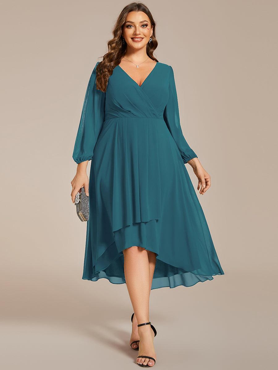 Grande Taille Robe invité de mariage mi-longue manches longues ourlet asymétrique #Couleur_Bleu Sarcelle