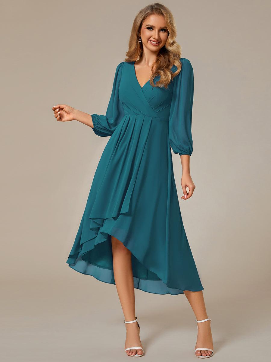 Robe invité de mariage mi-longue manches longues ourlet asymétrique #Couleur_Bleu Sarcelle