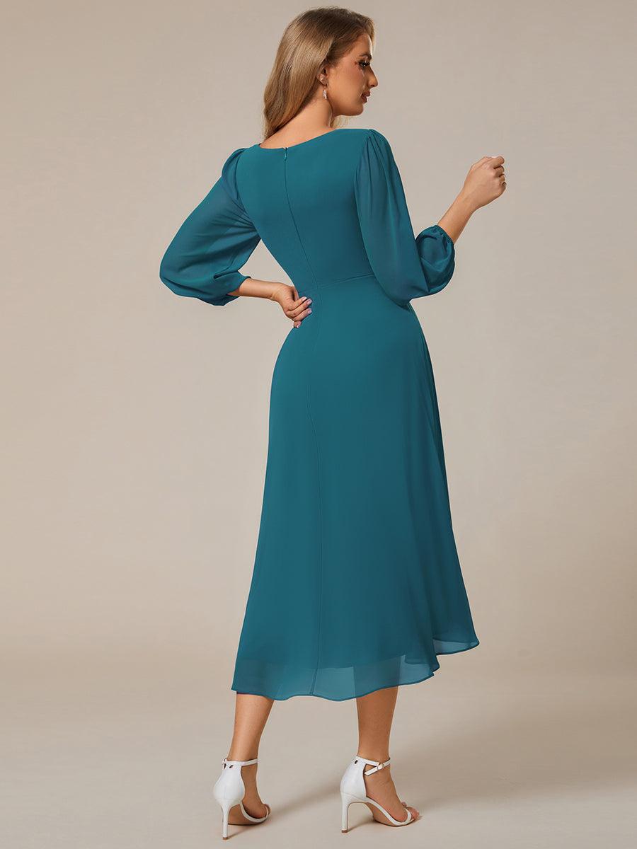 Robe invité de mariage mi-longue manches longues ourlet asymétrique #Couleur_Bleu Sarcelle