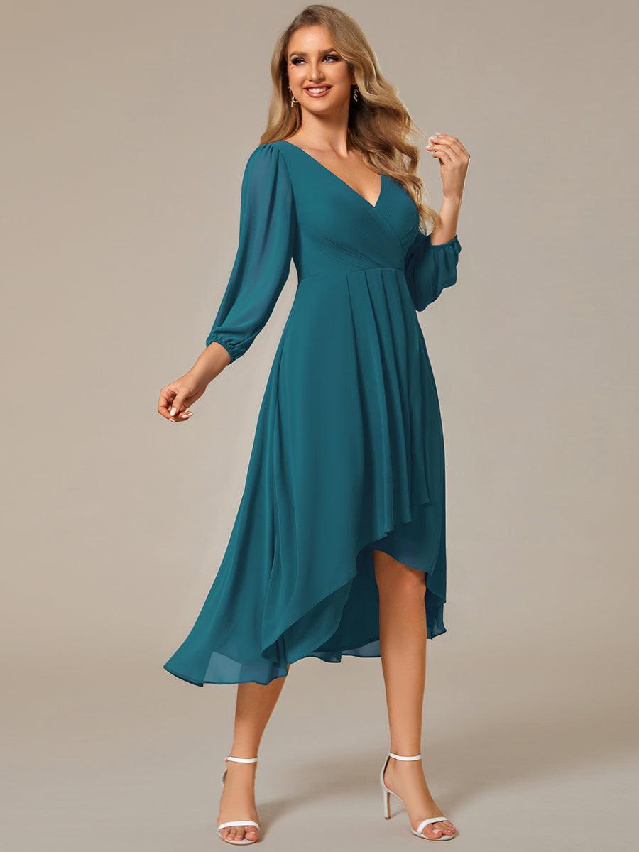 Robe invité de mariage mi-longue manches longues ourlet asymétrique #Couleur_Bleu Sarcelle