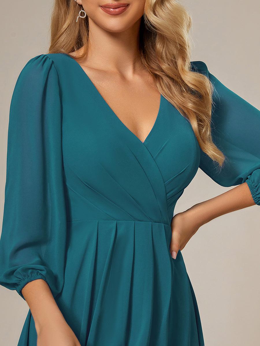 Robe invité de mariage mi-longue manches longues ourlet asymétrique #Couleur_Bleu Sarcelle