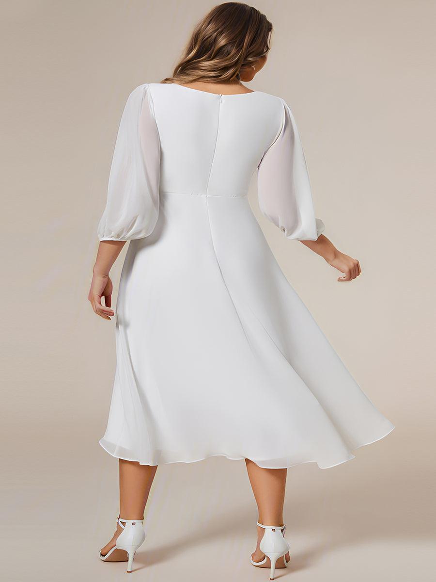 Grande Taille Robe invité de mariage mi-longue manches longues ourlet asymétrique #Couleur_Blanc