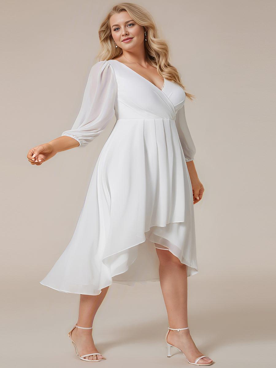 Grande Taille Robe invité de mariage mi-longue manches longues ourlet asymétrique #Couleur_Blanc