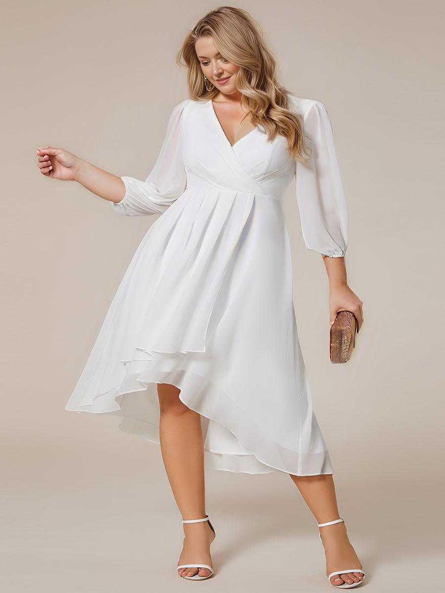 Grande Taille Robe invité de mariage mi-longue manches longues ourlet asymétrique #Couleur_Blanc