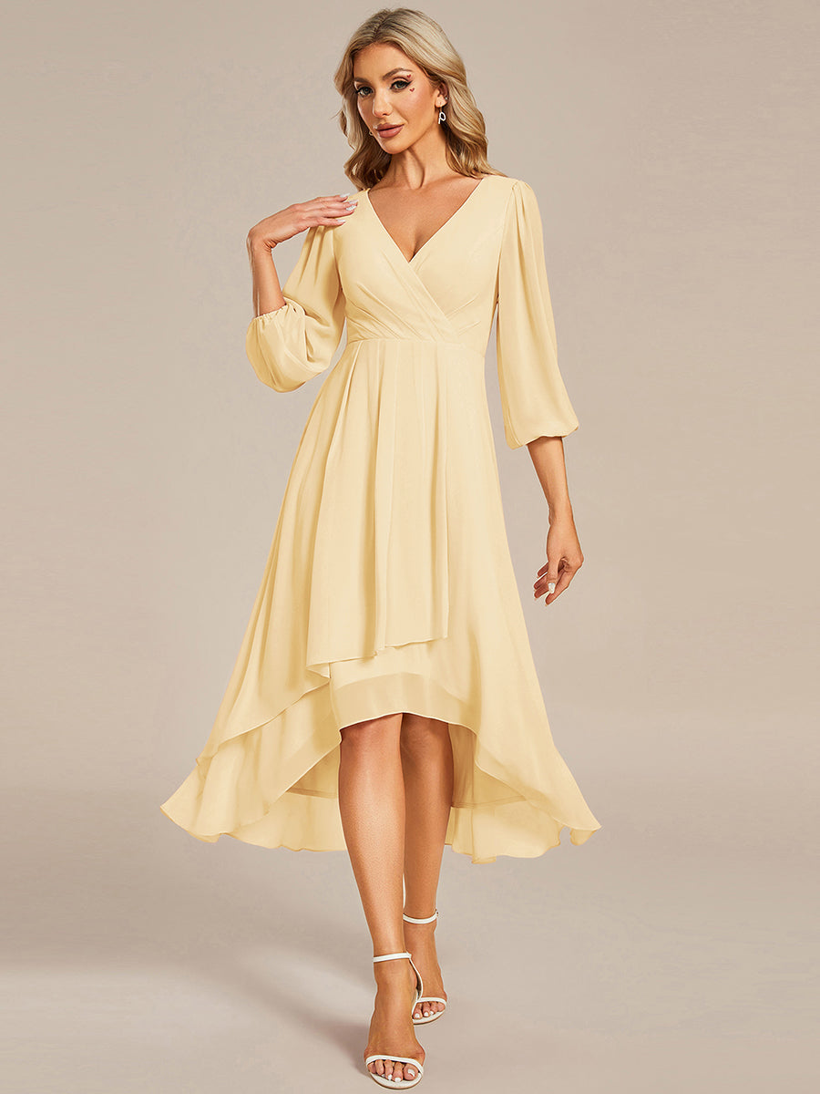 Robe d'invitée de mariage en mousseline à manches longues et col en V #Couleur_Jaune