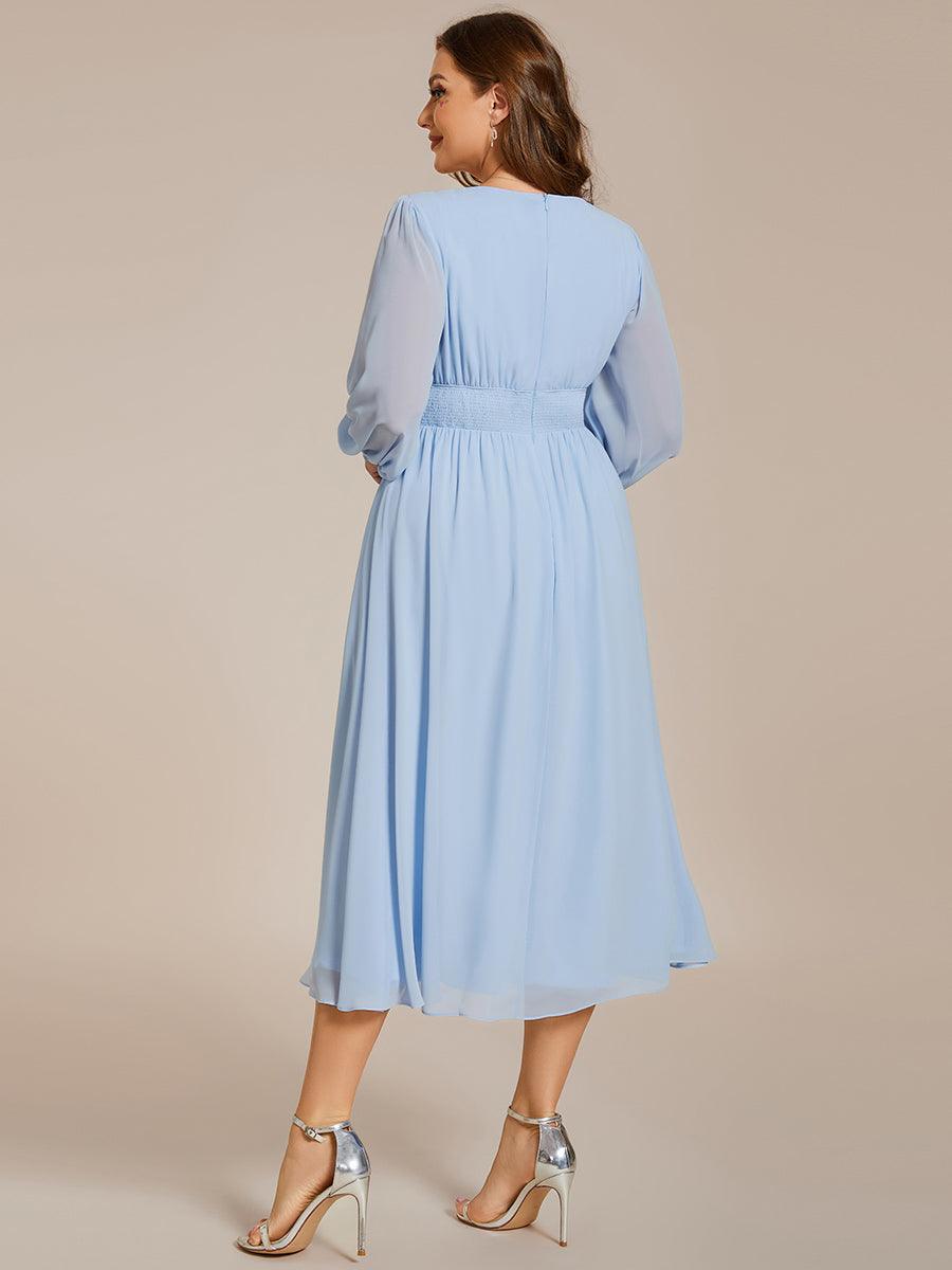 Robe invité mariage mi-longue élégante à col en V et manches longues #Couleur_Bleu Glace