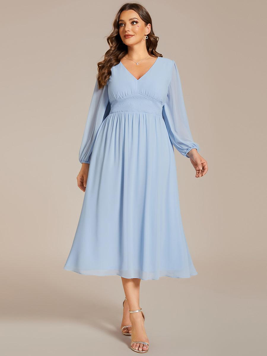 Robe invité mariage mi-longue élégante à col en V et manches longues #Couleur_Bleu Glace
