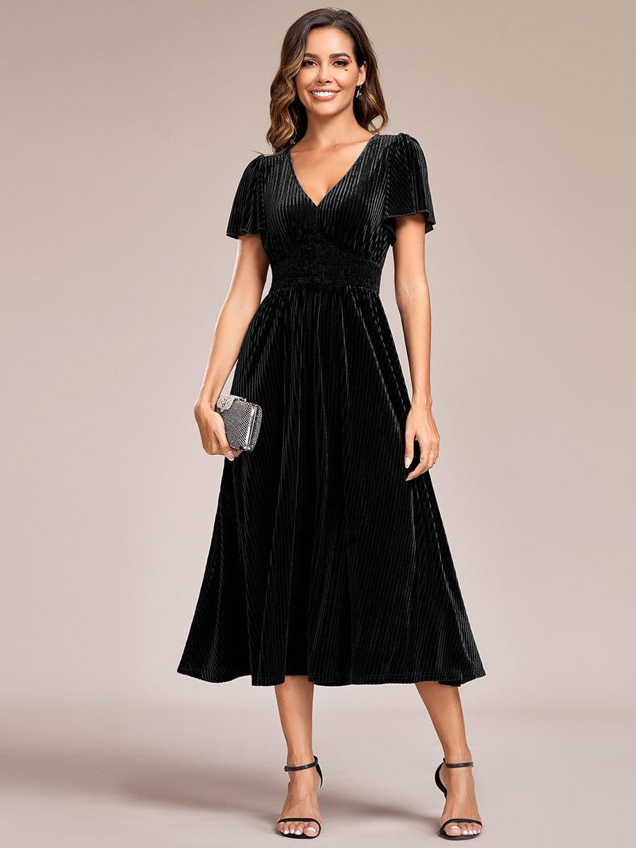 Robe d'invité de mariage mi-longue en velours d'automne à manches courtes et col en V gracieux #Couleur_Noir