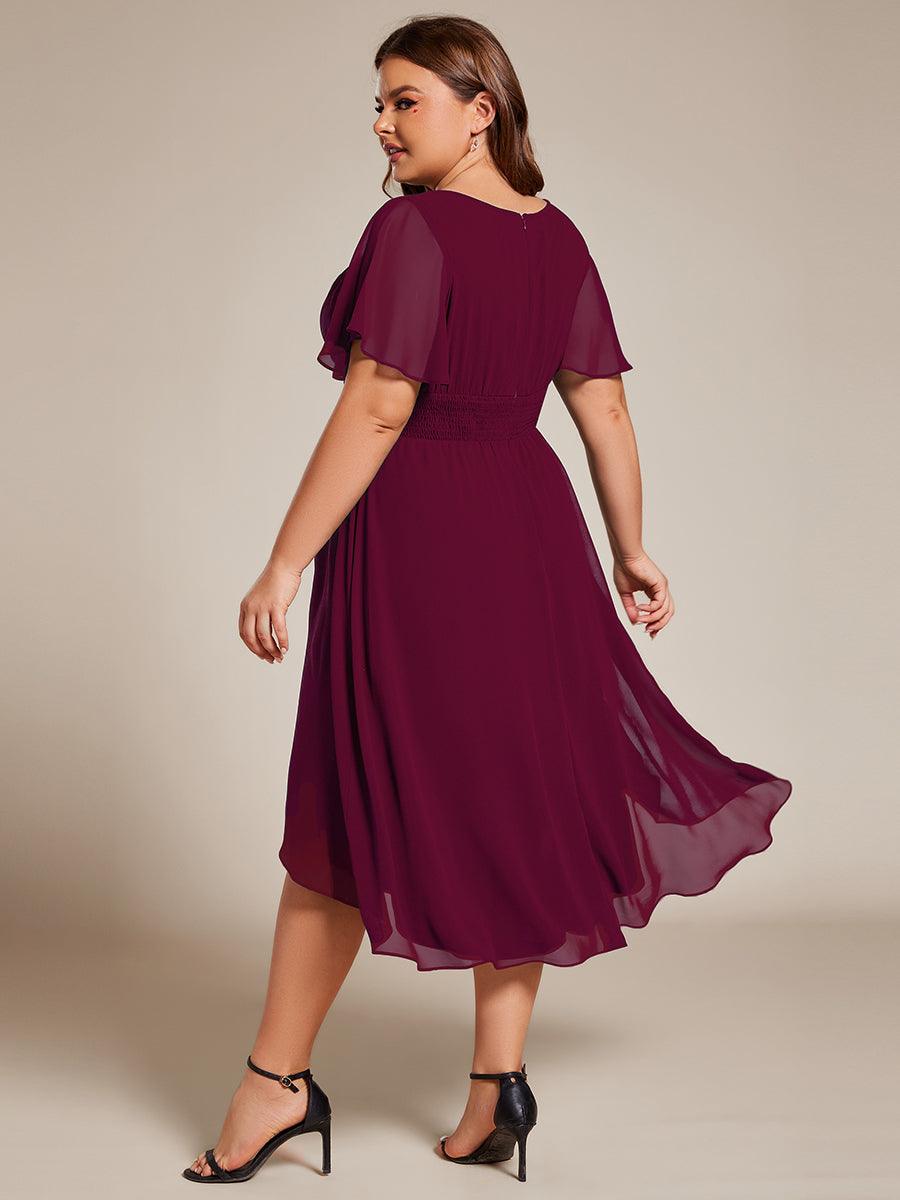 Robe d'invité de mariage trapèze en mousseline fluide à encolure ronde et longueur au genou #Couleur_Bordeaux