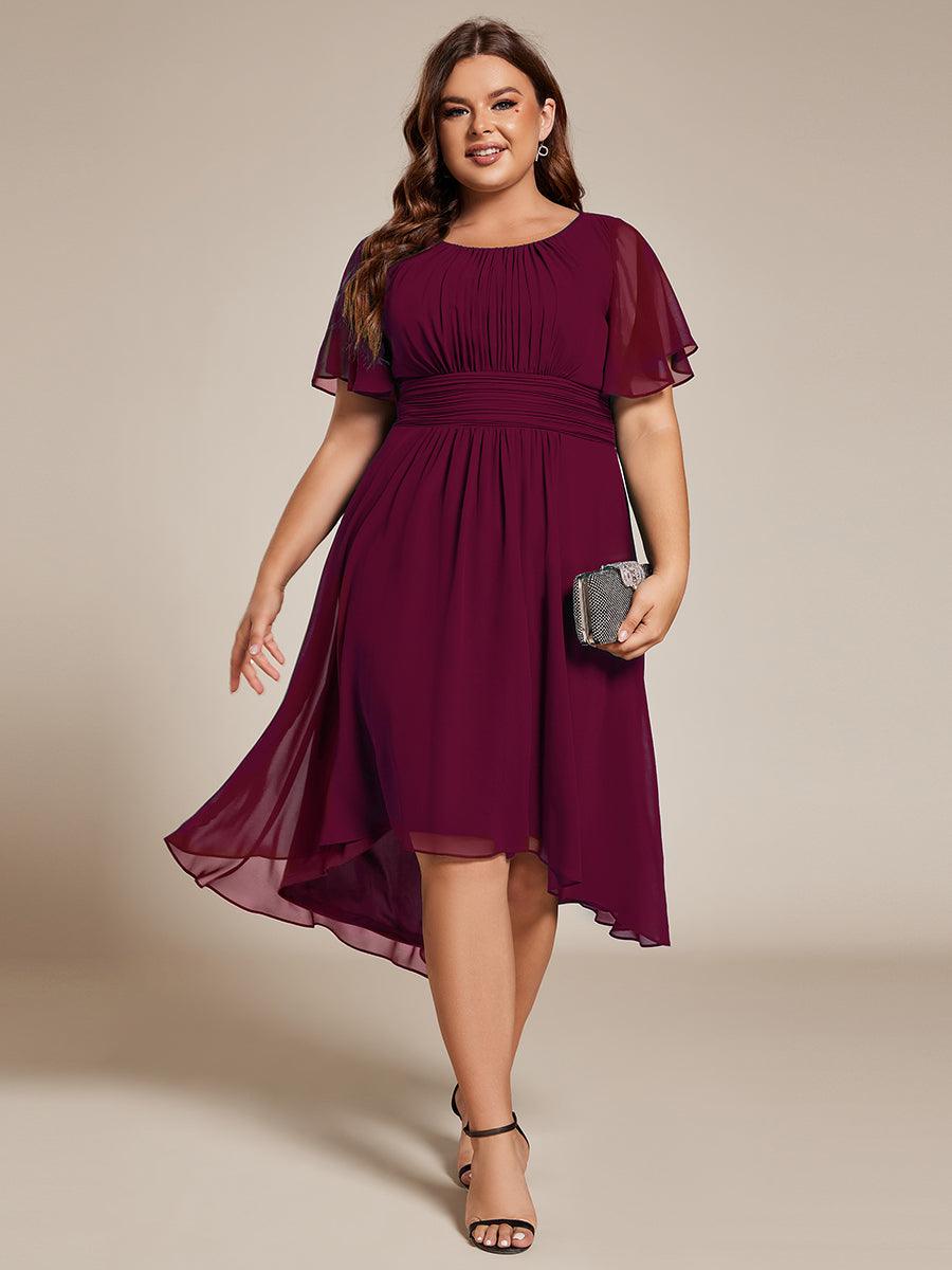 Robe d'invité de mariage trapèze en mousseline fluide à encolure ronde et longueur au genou #Couleur_Bordeaux