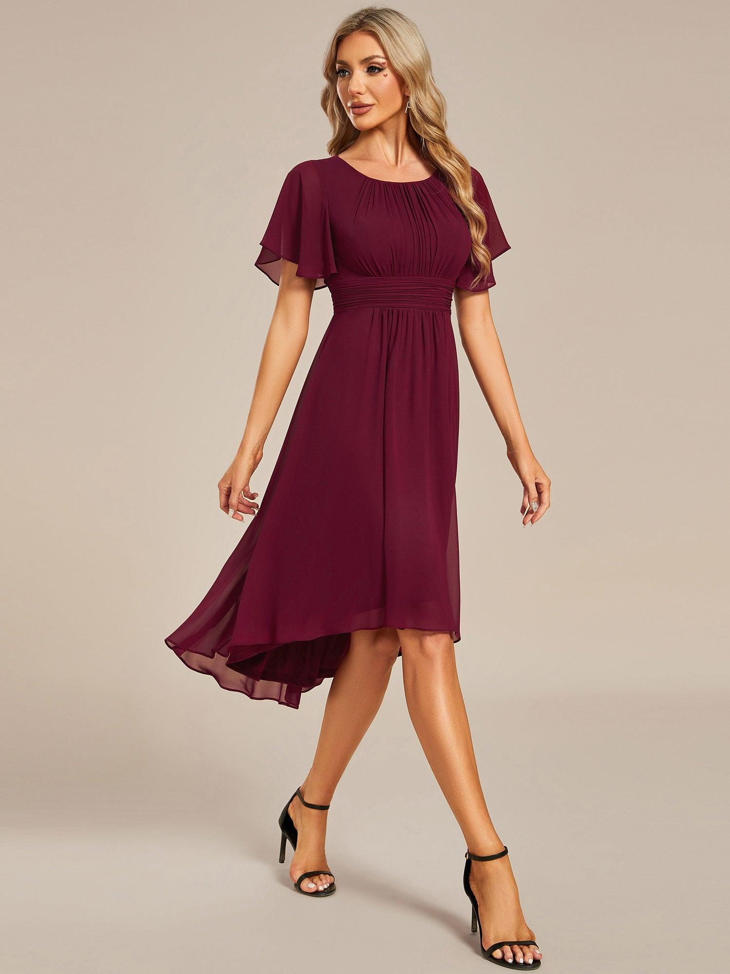 Robe d'invité de mariage trapèze en mousseline fluide à encolure ronde et longueur au genou #Couleur_Bordeaux